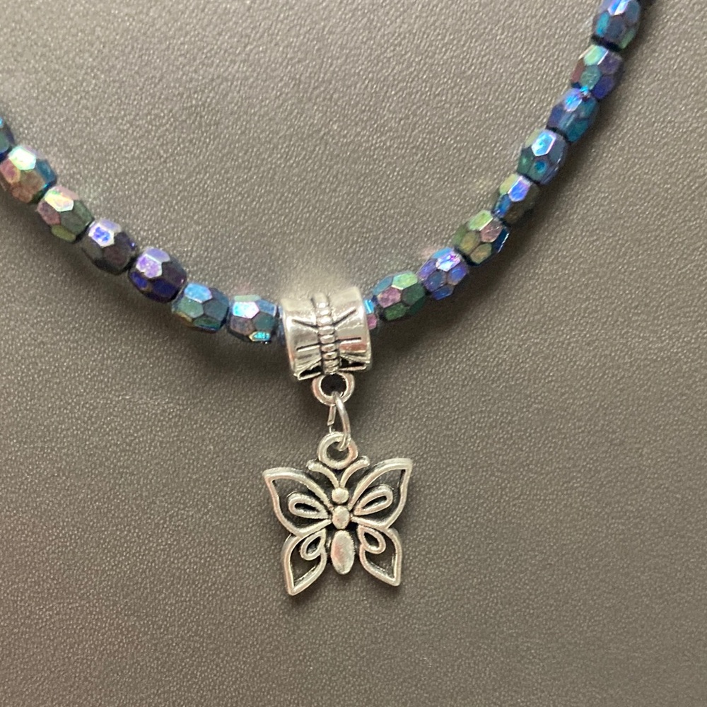 Silver Butterfly Charm Beaded Necklace